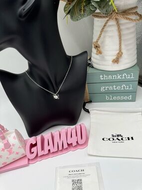 Coach Signature Puffy Heart Pendant Necklace - Rhodium Silver Tone